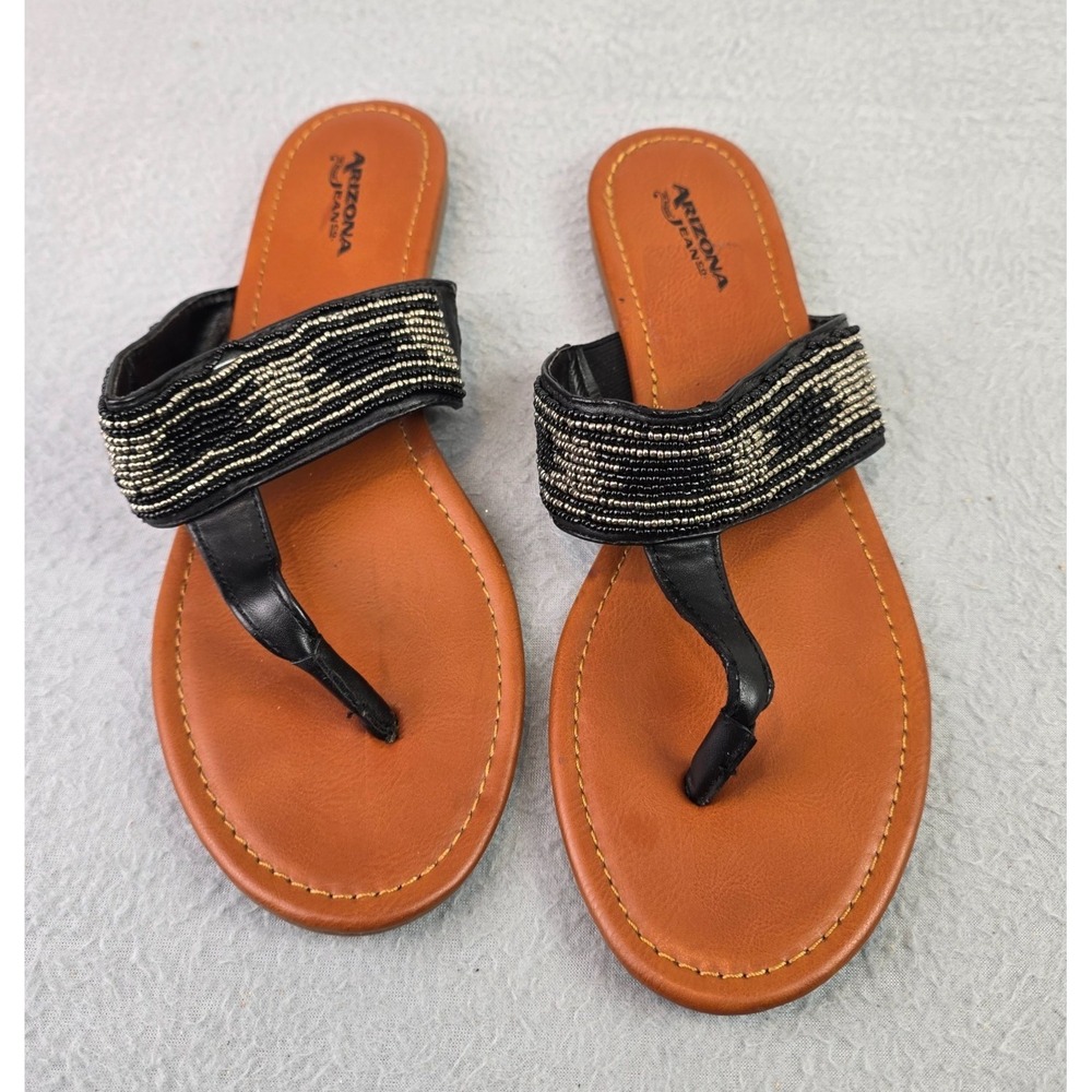 Arizona Jean Co Beaded Thong Sandals Black Silver Flip Flops (10M) Boho Casual